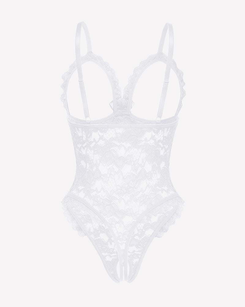 White lace teddy bodysuit with V-neck, adjustable straps. Wedding lingerie for bride.