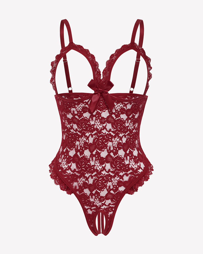 Burgundy lace teddy bodysuit with ruffle V neck, bow, and cutout bottom. Sexy lingerie for women.