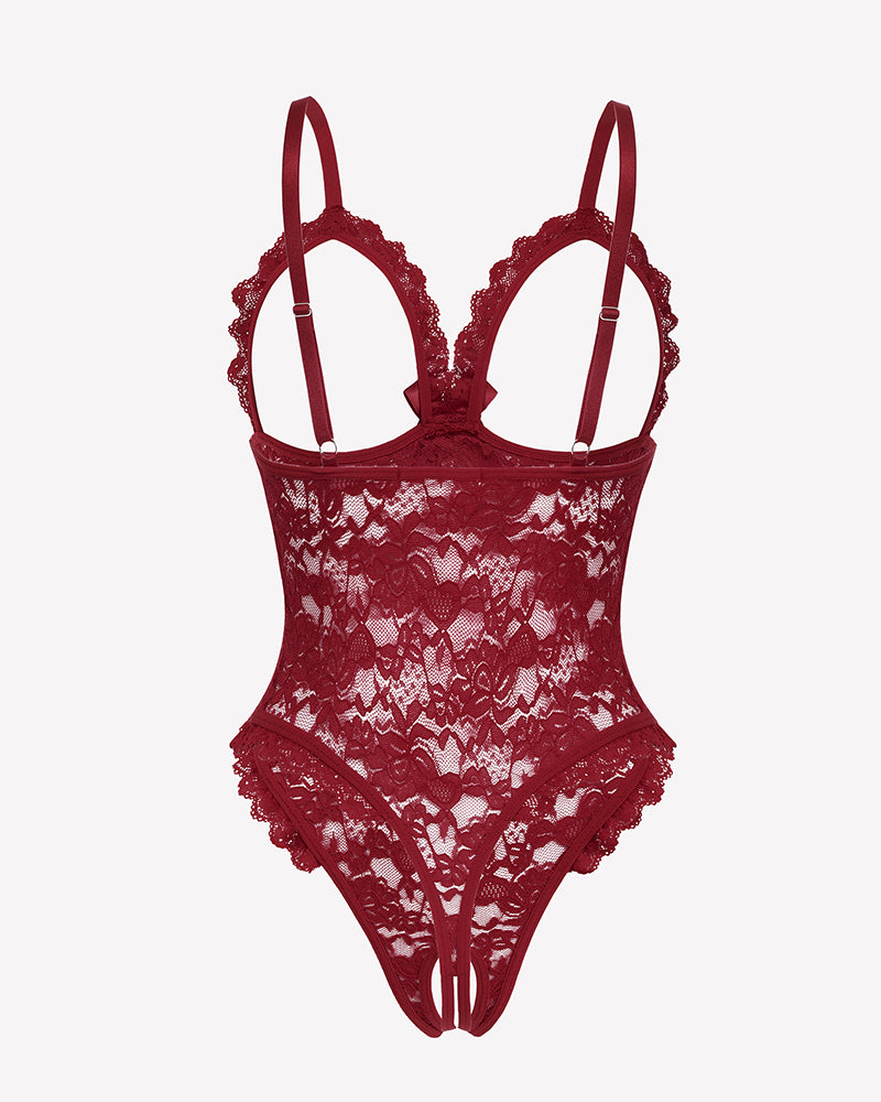 Burgundy lace teddy bodysuit with ruffle V-neck, adjustable straps, cutout bottom. Sexy lingerie.