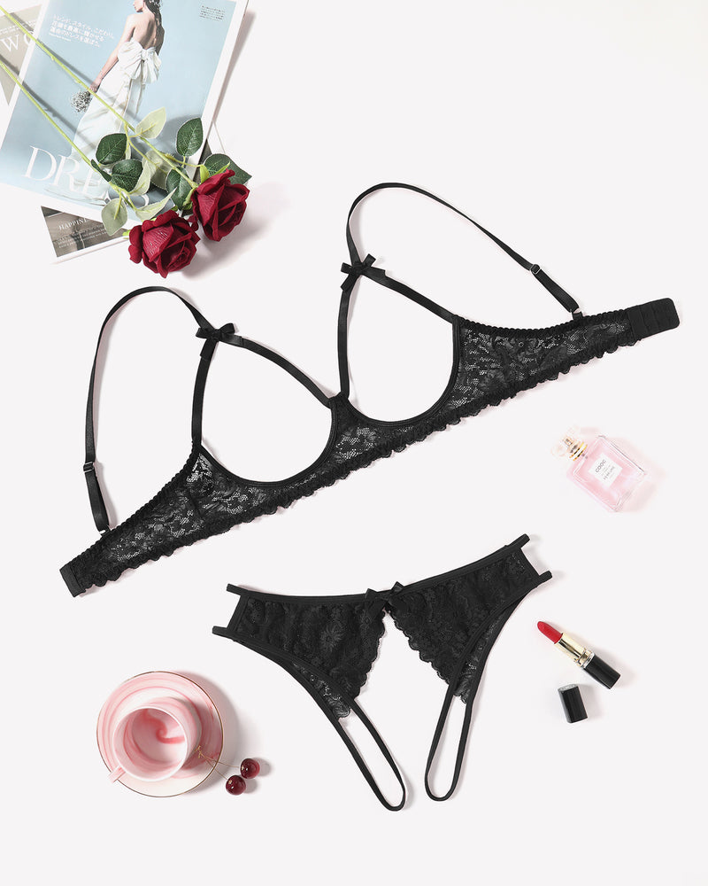 Black lace open bust bra and panty set, sexy lingerie for women with cutout design, Avidlove