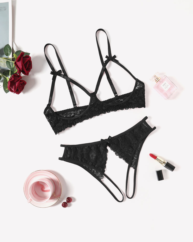 Avidlove black lace lingerie set, open bust bra and cutout panty, sexy lingerie for women