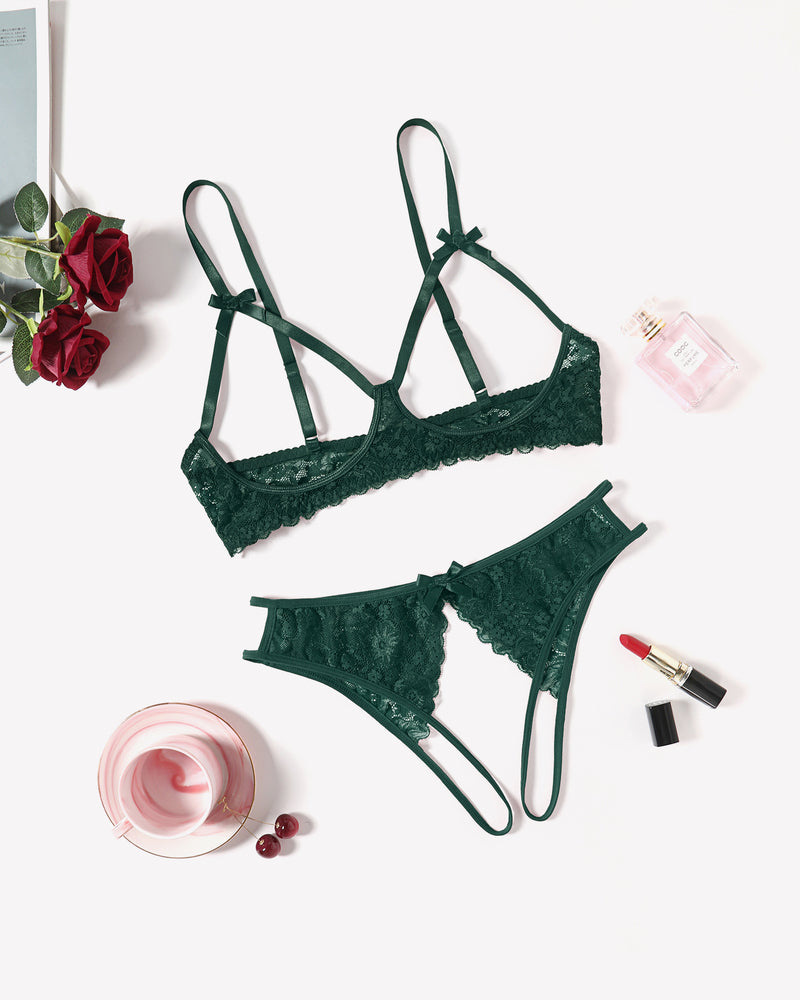 Green lace open bust bra and panty set with bow details, sexy lingerie for women, Avidlove
