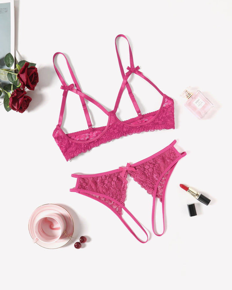 Pink lace open bust bra and panty set with bow details, sexy lingerie for women, Avidlove