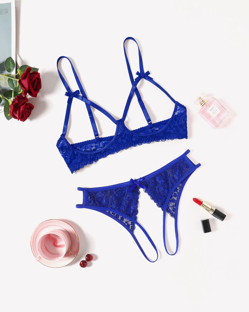 Blue lace open bust bra and panty set, sexy lingerie with cutout design, Avidlove