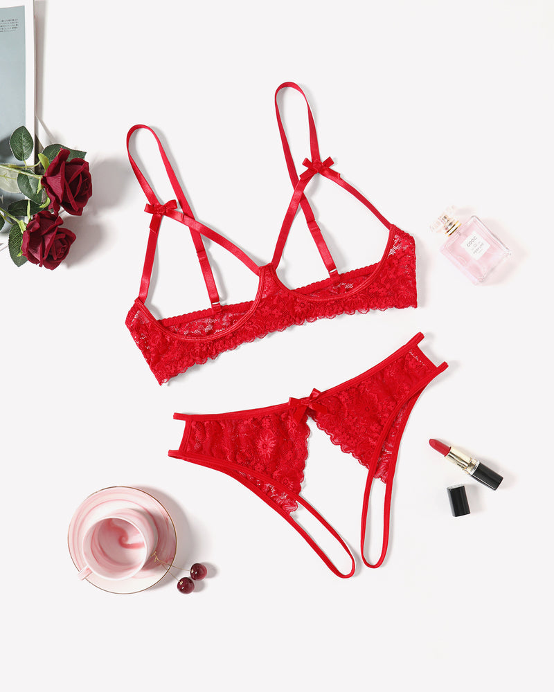 Red lace open bust bra and panty set with bow details, sexy lingerie for women, Avidlove