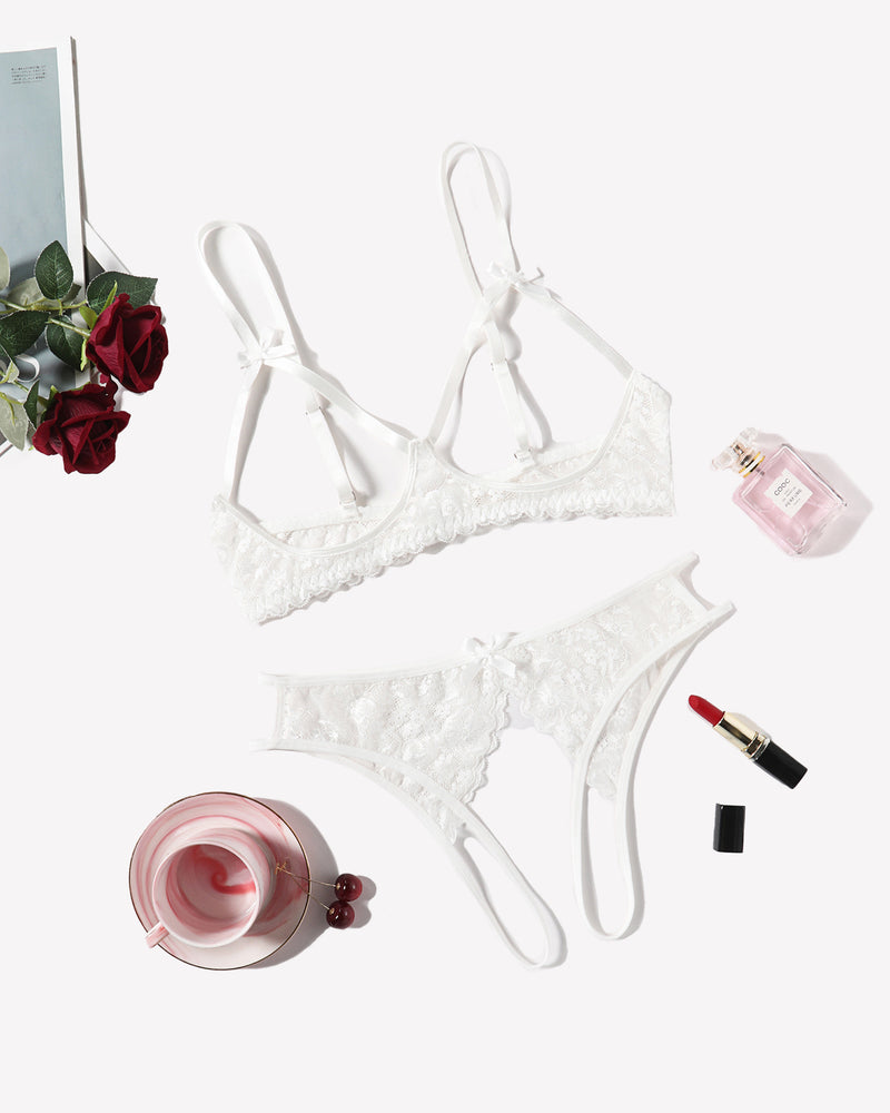 Avidlove white lace open bust bra and cutout panty set, sexy lingerie with cutout design for women