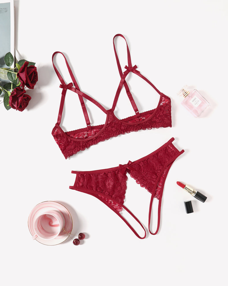 Avidlove red lace open bust bra and panty set, sexy lingerie with cutout design for women