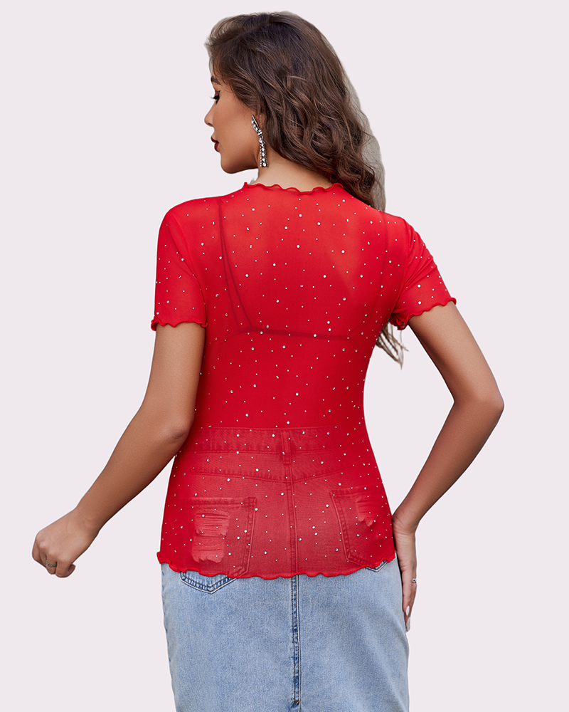 Red mesh rhinestone short sleeve top with ruffle hem, paired with denim skirt. Sexy lingerie.