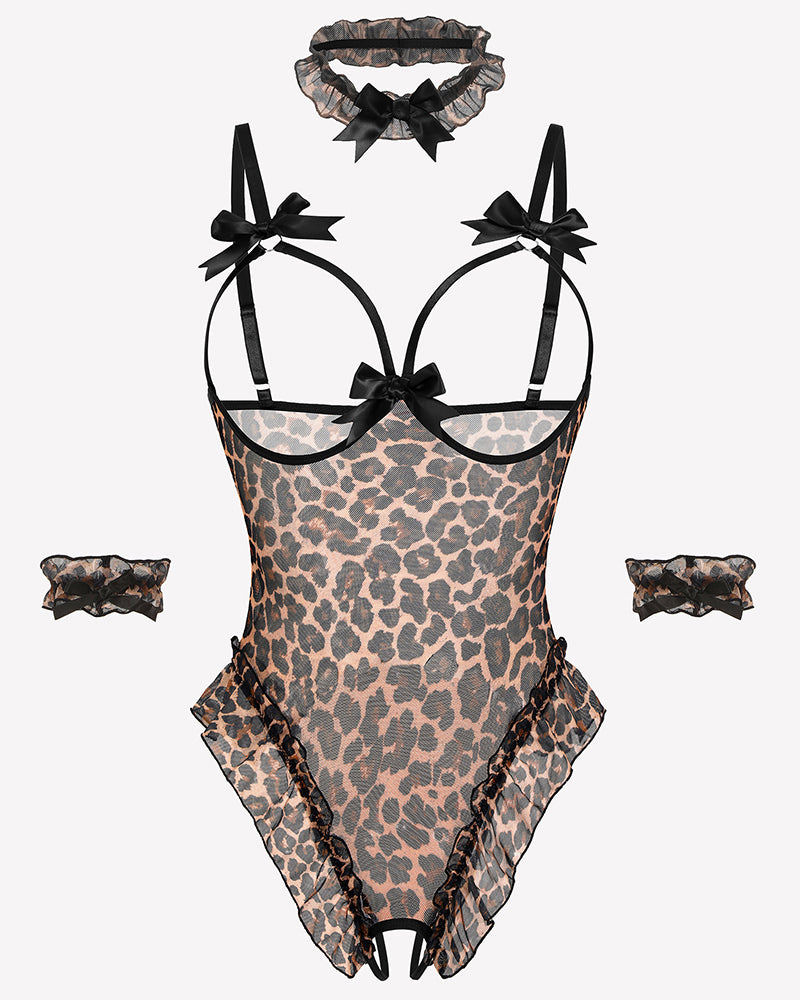 Leopard print sheer mesh teddy bodysuit set with bows, ruffles, choker, and cuffs. Sensual lingerie.
