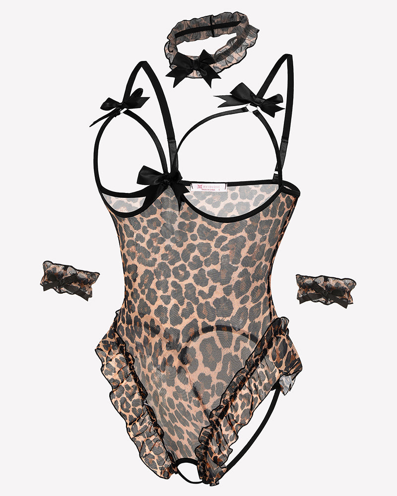 Leopard print mesh teddy bodysuit set with bows and ruffles, perfect for a sensual look.