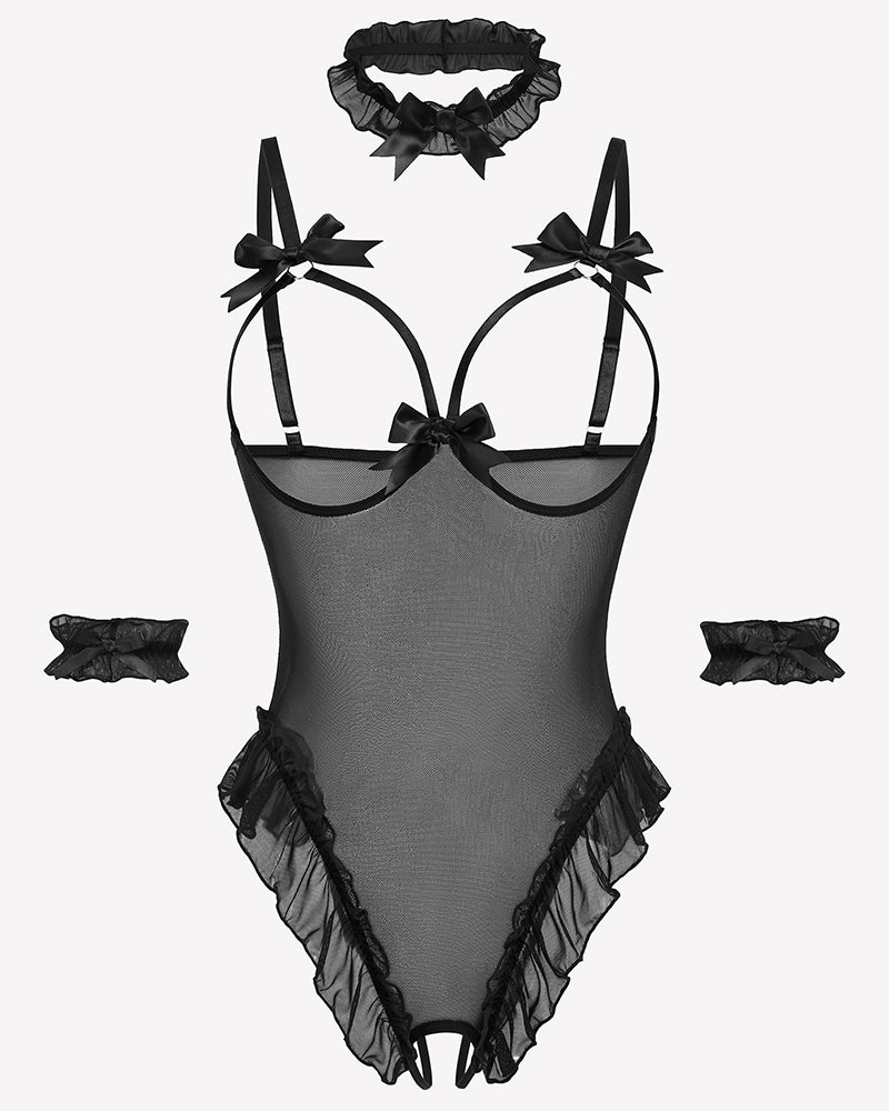 Black sheer mesh teddy bodysuit set with bows and ruffles, perfect for a sensual and confident look.