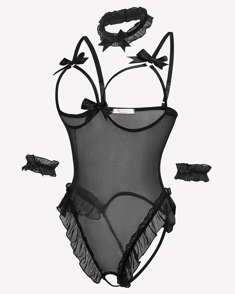 Sheer mesh teddy bodysuit set with bows, ruffles, choker, and cuffs. Sensual lingerie.