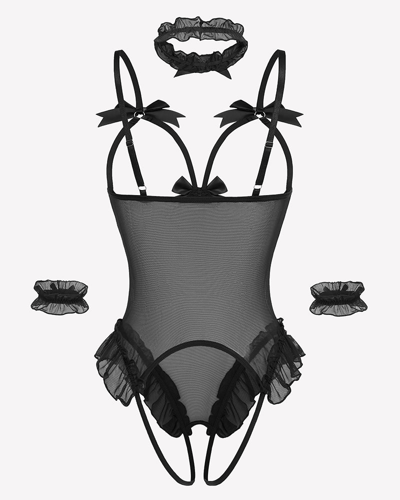Black sheer mesh teddy bodysuit set with bows, ruffles, choker, and cuffs. Sensual lingerie.