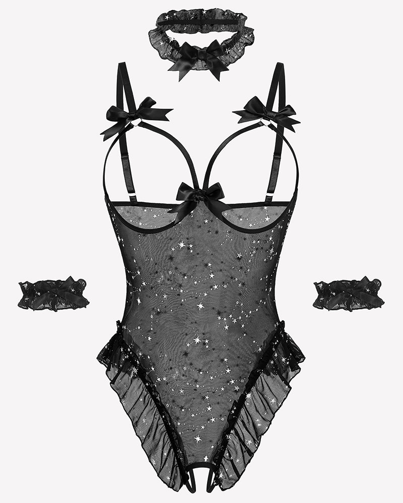 Sheer mesh teddy bodysuit set with bows, ruffles, choker, and cuffs. Perfect for a sensual look.