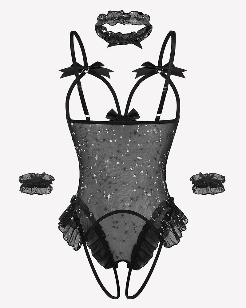 Black mesh teddy bodysuit set with bows, ruffles, choker, and cuffs. Sensual lingerie.
