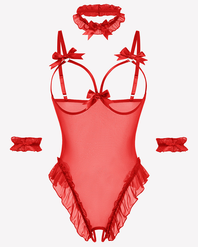Red sheer mesh teddy bodysuit set with bows, ruffles, choker, and cuffs. Sensual lingerie.