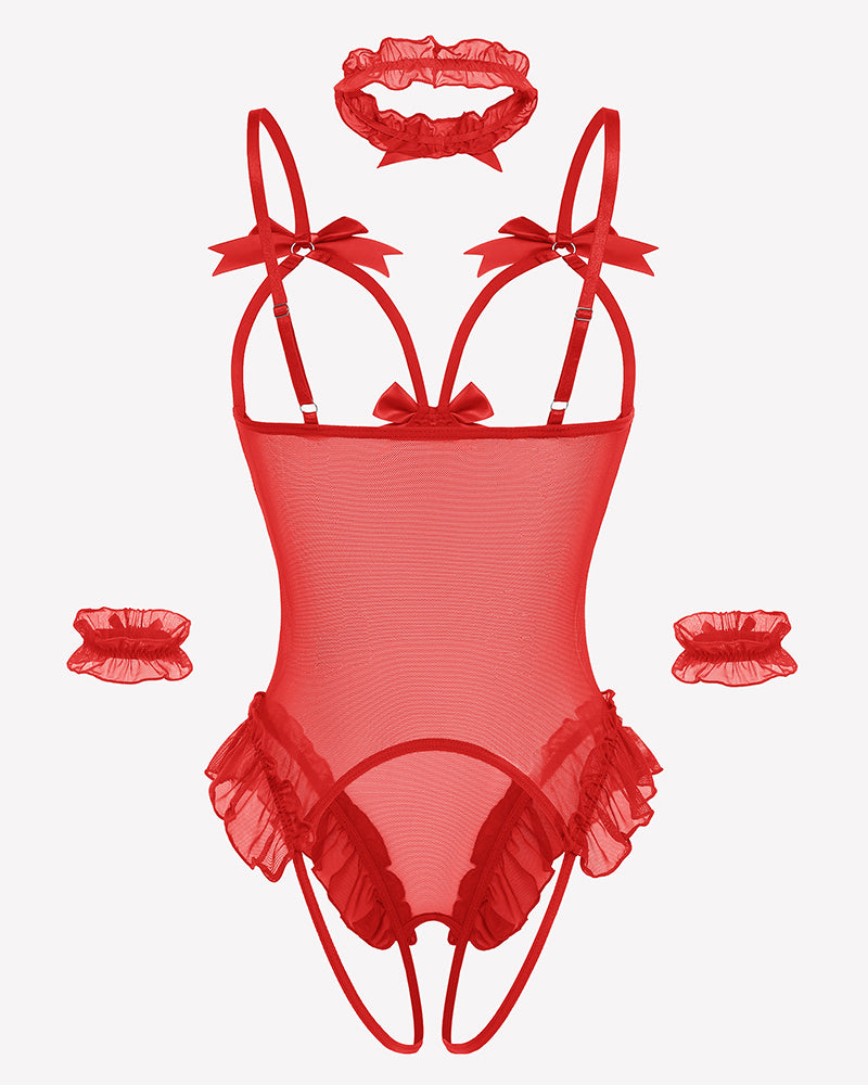 Red mesh teddy bodysuit set with bows, ruffles, choker, and cuffs. Perfect for a sensual look.