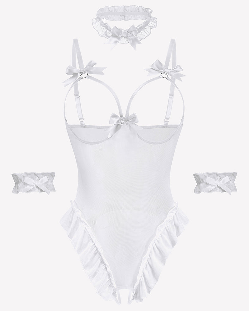 White sheer mesh teddy bodysuit set with bows, ruffles, choker, and cuffs. Sensual lingerie.