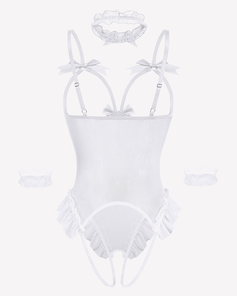 White mesh teddy bodysuit set with bows, ruffles, choker, and cuffs. Sensual lingerie.