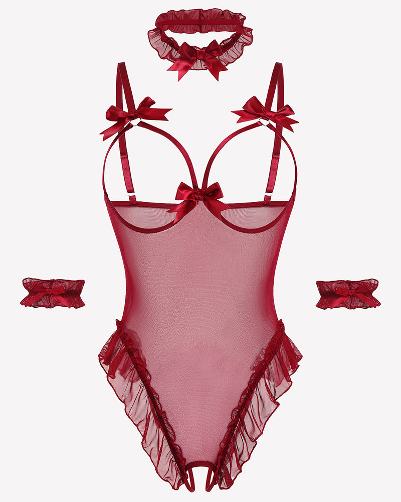 Sheer red mesh teddy bodysuit set with bows, ruffles, choker, and cuffs. Sensual lingerie.