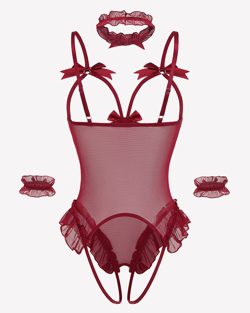 Deep red mesh teddy bodysuit set with bows, ruffles, choker, and cuffs. Perfect for a sensual look.