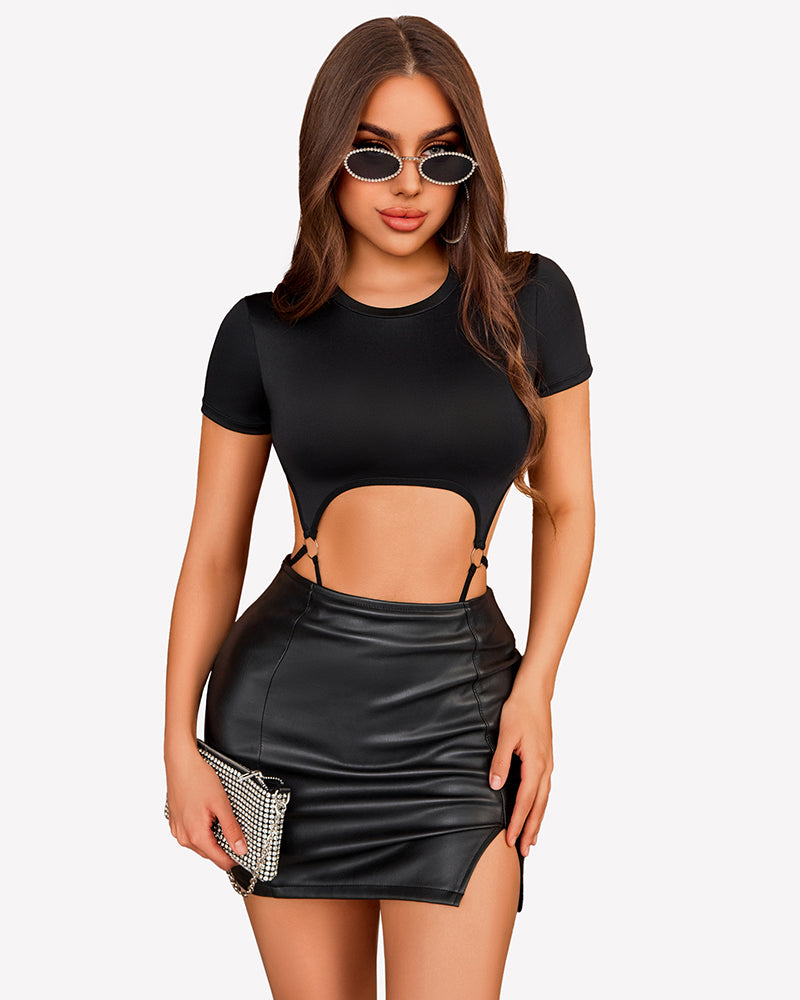 Black short sleeve bodysuit with metal ring accents and black leather skirt. Chic and sexy outfit.