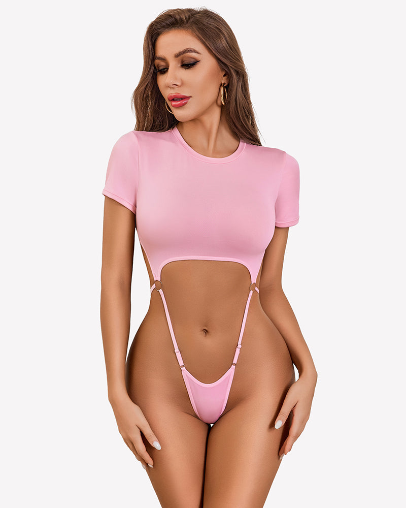 Pink short sleeve bodysuit with metal ring accents. Sexy and chic style for confident women.