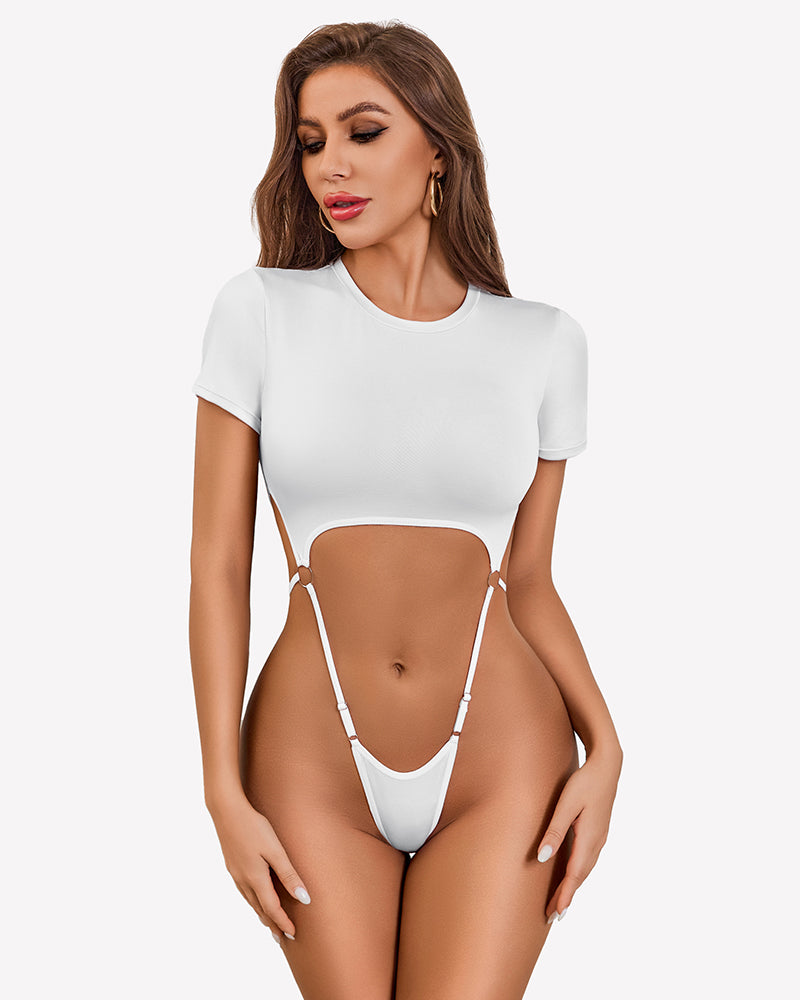 White short sleeve bodysuit with metal ring accents, perfect for a sexy and chic look.