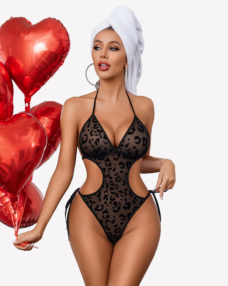 Black mesh deep V teddy bodysuit with leopard print and cut-out design. Sexy lingerie for women.