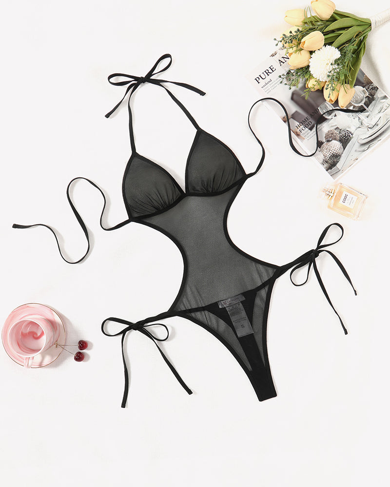 Avidlove black mesh deep V teddy bodysuit. Sexy cut-out lingerie for women.