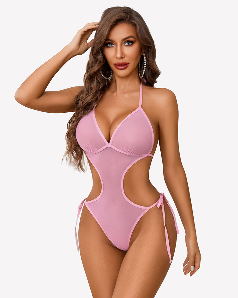 Pink mesh deep V teddy bodysuit. Sexy cut-out lingerie for women.