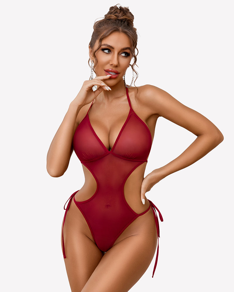 Deep red mesh bodysuit with cut-out design and tie details. Sexy lingerie for women by Avidlove.