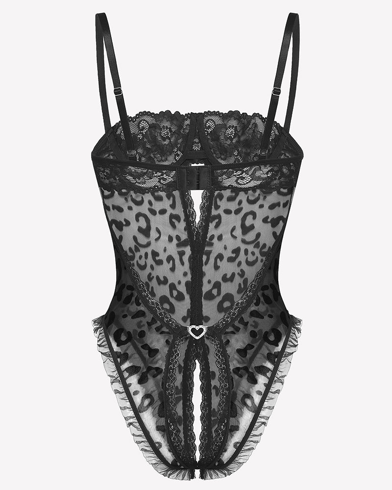 Black lace V neck crotchless teddy lingerie with leopard print, sheer mesh, and ruffled trims