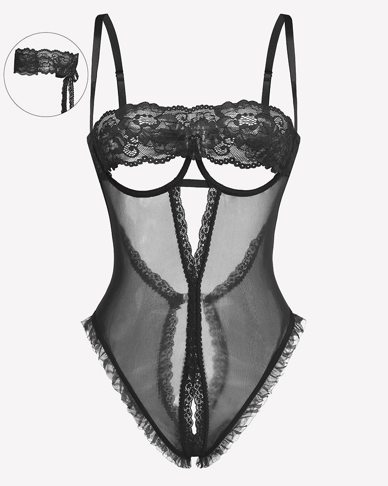 Black lace V neck crotchless teddy lingerie with eye mask, sheer mesh, and ruffled trims
