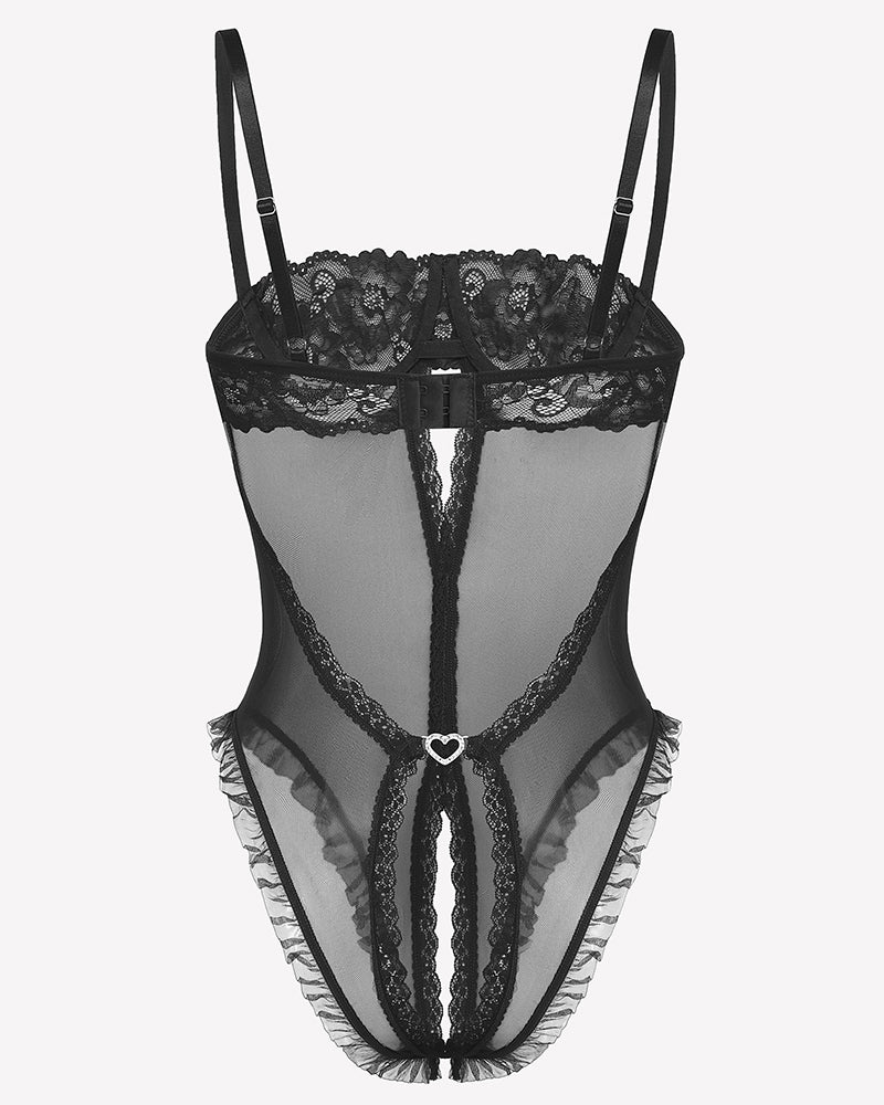 Black lace V neck crotchless teddy lingerie with ruffled trims and heart detail, sexy lingerie