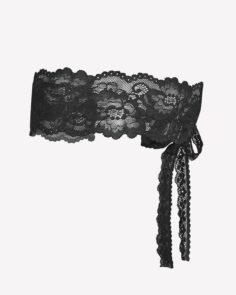 Black lace eye mask for lingerie set, featuring delicate floral lace and long tie detail