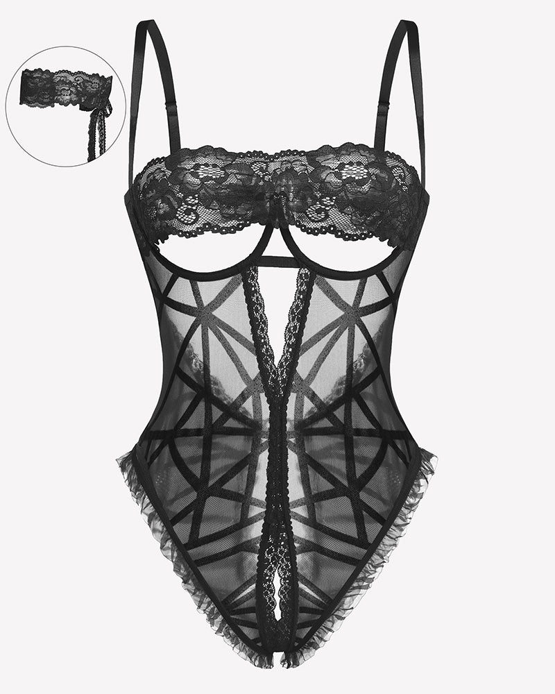 Black lace V-neck crotchless teddy lingerie with eye mask, sheer mesh, ruffled trims, sexy lingerie