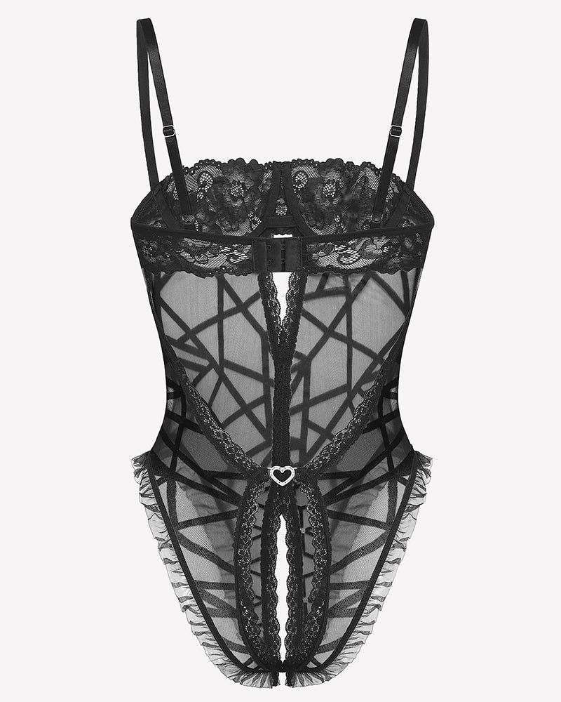 Black lace V neck crotchless teddy lingerie with sheer mesh, ruffled trims and heart detail