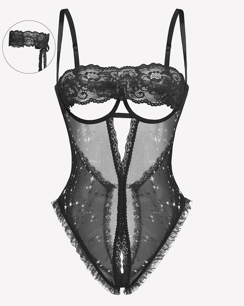 Sexy black lace crotchless teddy lingerie with eye mask and sheer mesh details