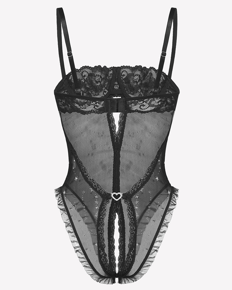 Black lace V-neck crotchless teddy lingerie with sheer mesh, ruffled trims, and heart detail
