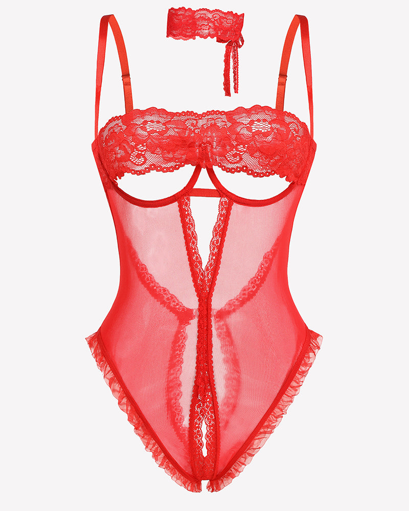 Red lace V-neck crotchless teddy lingerie set with sheer mesh, ruffled trims, and choker