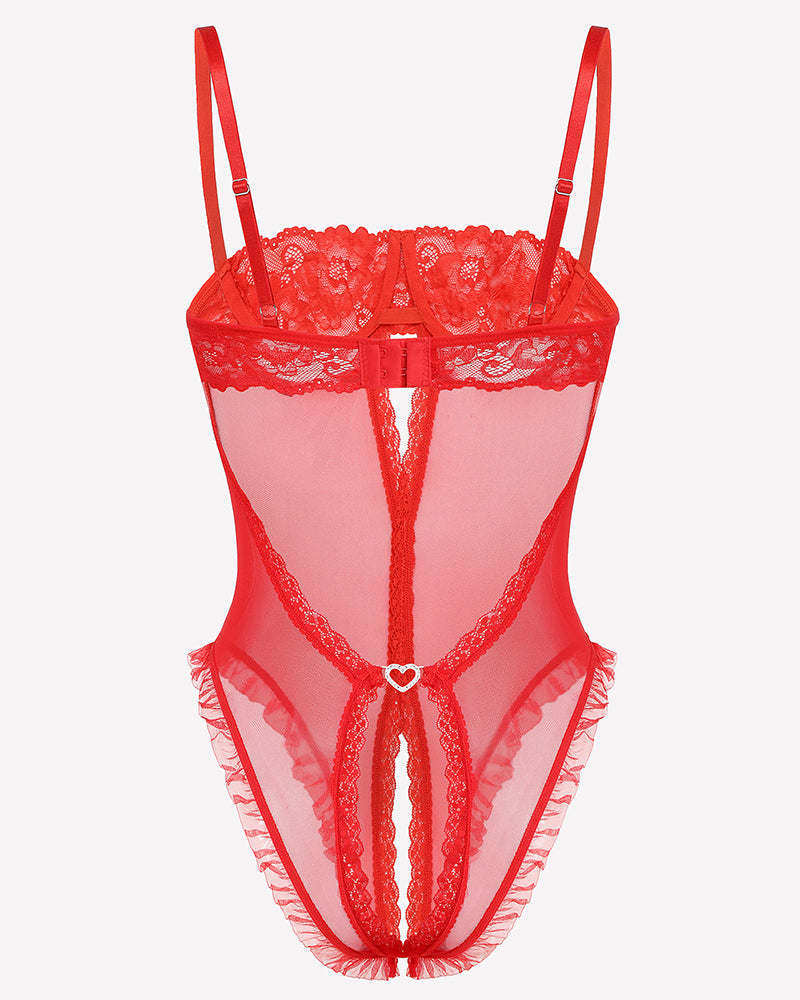 Red lace crotchless teddy lingerie with sheer mesh, ruffled trims, and heart detail