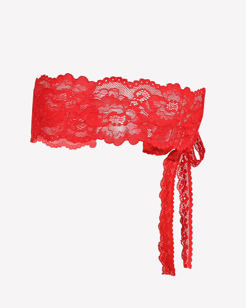 Red lace eye mask for lingerie set with floral details and long tie