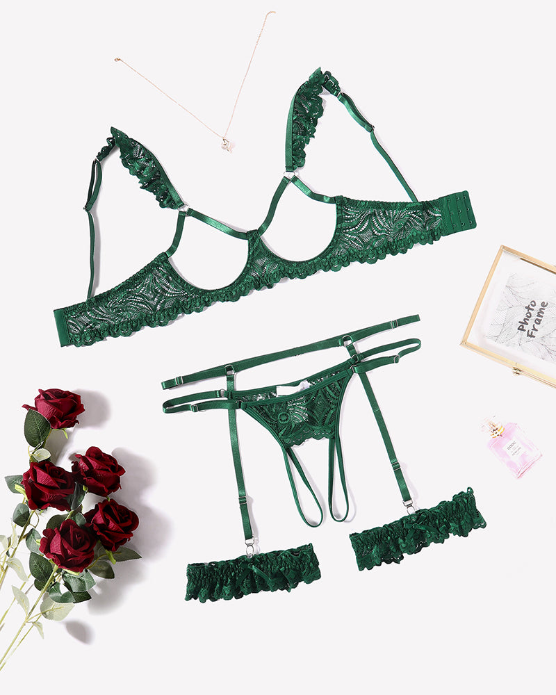 Green floral lace lingerie set with garter belt, bra, and panty, perfect for a romantic night.
