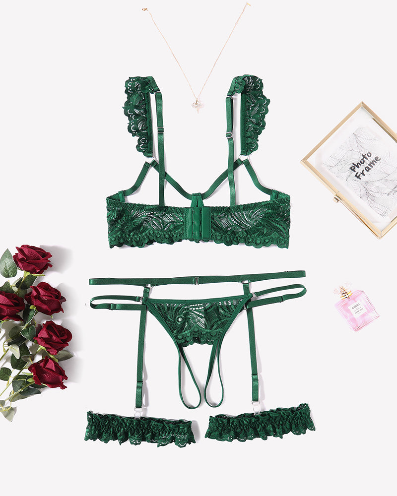 Emerald green floral lace lingerie set with garter belt, bra, and panty, ideal for special nights.