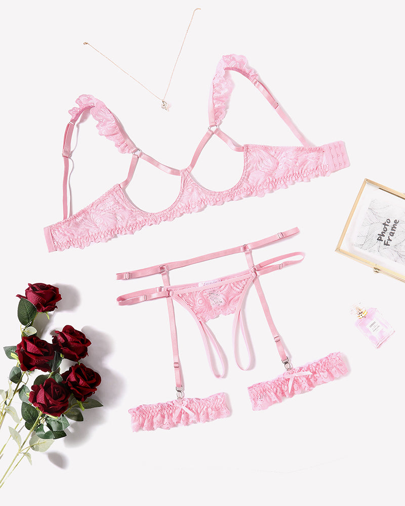 Pink floral lace lingerie set with garter belt, perfect for a romantic night; Avidlove lingerie