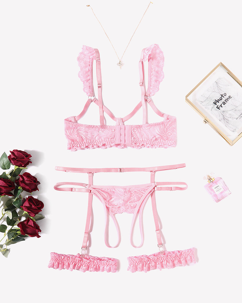 Pink floral lace lingerie set with garter belt, bra, and panty, perfect for a romantic night