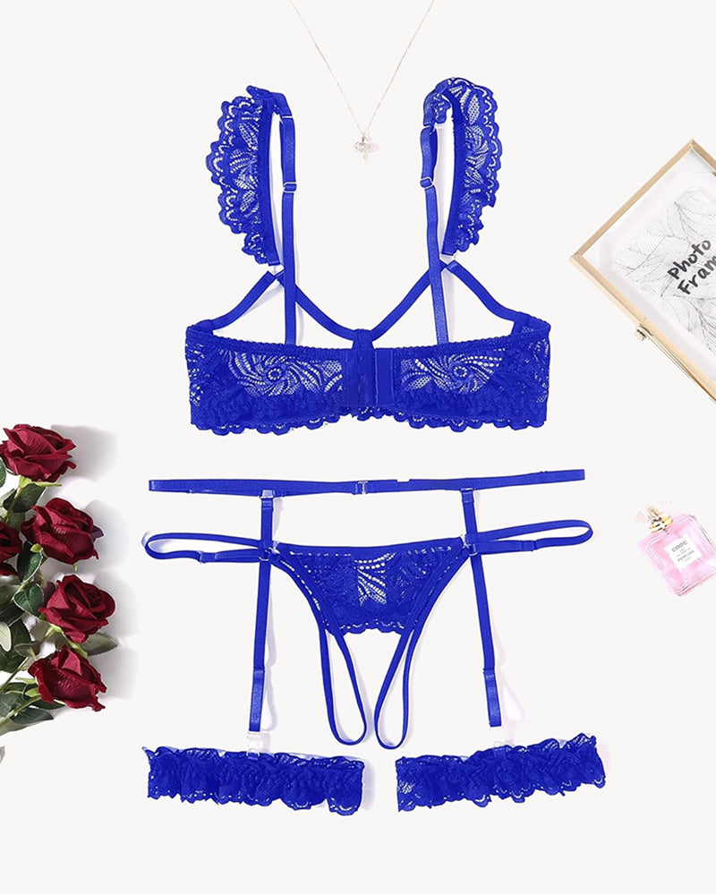 Blue floral lace lingerie set with garter belt, bra, thong, and leg rings. Romantic nightwear.