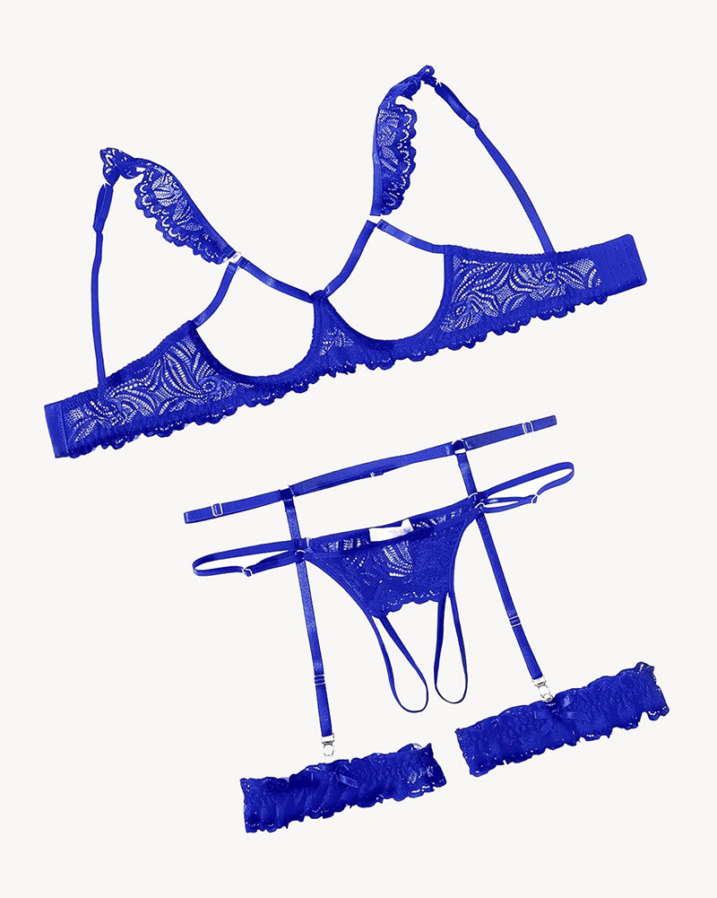 Blue lace lingerie set: bra, garter belt, thong, and leg rings. Perfect for a romantic night.