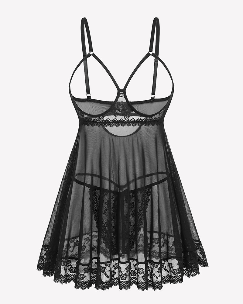 Black cupless lace babydoll crotchless panty set with adjustable straps and lace details